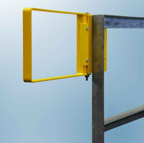 Fabenco R70-24PC Carbon Steel Yellow Powder Coat Clamp-on Self-closing Safety Gate Fits 25-27.5 Opening 12 Vertical Coverage-3