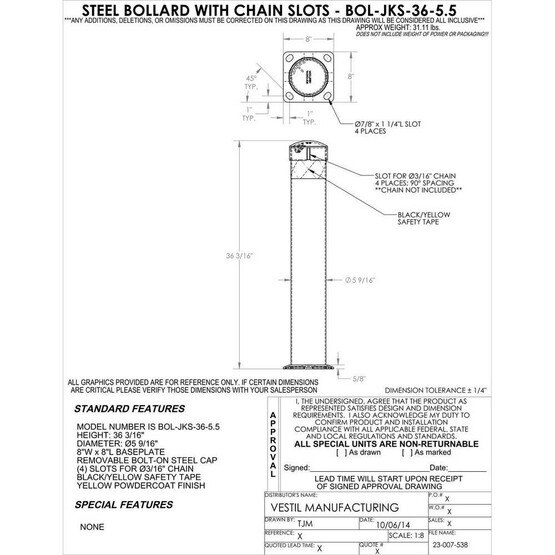 Vestil BOL-JKS-36-5.5 Steel Pipe Bollard With Chain Slots-3